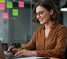 Profissional da ONE organizando ideias com post-its